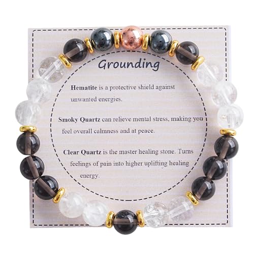 KSQS Healing Stone Bead Bracelet for Women, Natural Gemstones Balance Protection Bracelet, Spiritual Crystal Beads Bracelet Anxiety Relief with Meaning Card - color: Grounding