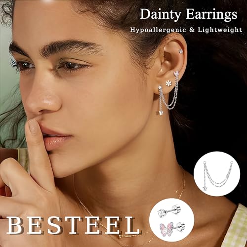 Besteel 27Pcs Flat Back Earrings Hypoallergenic Surgical Steel Stud Earring Stacks Set Dainty Chain Dangle Cartilage Tragus Daith Helix Piercing Jewelry for Women Men Trendy 16G - color: Silver