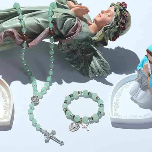 Rosary for Men Women, Natural Stone Beads with St. Benedict Bracelet | 8 mm Natural Stone Prayer Beads with 10 mm Accent Beads, St. Benedict Crucifix, Matching Bracelet, Gift Box and Pouch. - color: Green
