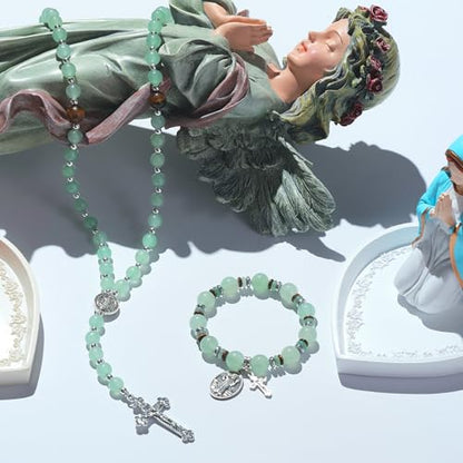 Rosary for Men Women, Natural Stone Beads with St. Benedict Bracelet | 8 mm Natural Stone Prayer Beads with 10 mm Accent Beads, St. Benedict Crucifix, Matching Bracelet, Gift Box and Pouch. - color: Green