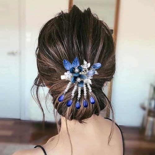 A Pair Wedding Hair Clips, Handmade Floral Design Crystal Hair Clips Pearl Barrettes, Rhinestones Flower Clips Pearl Headpieces Hair Pins Hair Accessories for Women Girls (Blue) - color: Blue