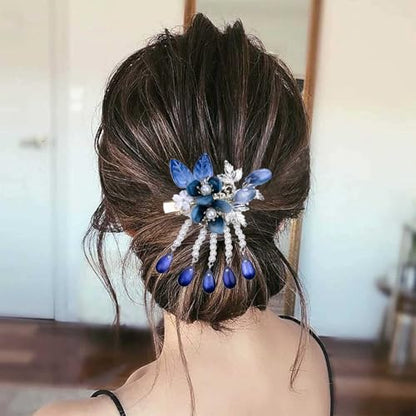 A Pair Wedding Hair Clips, Handmade Floral Design Crystal Hair Clips Pearl Barrettes, Rhinestones Flower Clips Pearl Headpieces Hair Pins Hair Accessories for Women Girls (Blue) - color: Blue