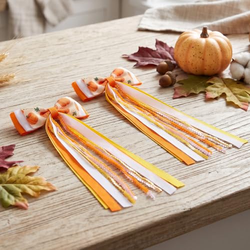 2PCS Fall Hair Bows with Long Streamers 3.54 Inch Hair Clips | Handmade Grosgrain Ribbon, Sparkling Sequin, 7.1 Inch Tail, for Ponytails, Thanksgiving Halloween Holiday Hair Accessories - color: Pumpkin