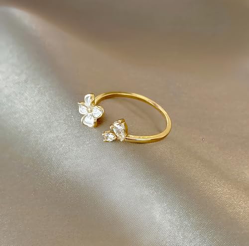 Mettclasi Women's 14K Gold Plated Stackable Ring Crystal Inlaid Dainty Trendy Cute Adjustable Open Twist Rings Jewelry Gifts - style: Flower