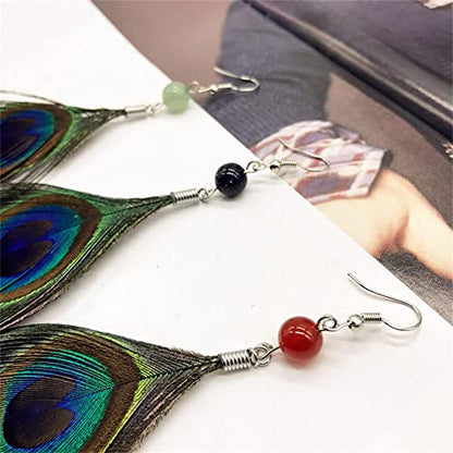 Long Feather Earrings Multicolor Tassel Feather Earrings Handmade Boho Bohemian Peacock Feather Hook Earrings for Women Jewelry - style: green bead