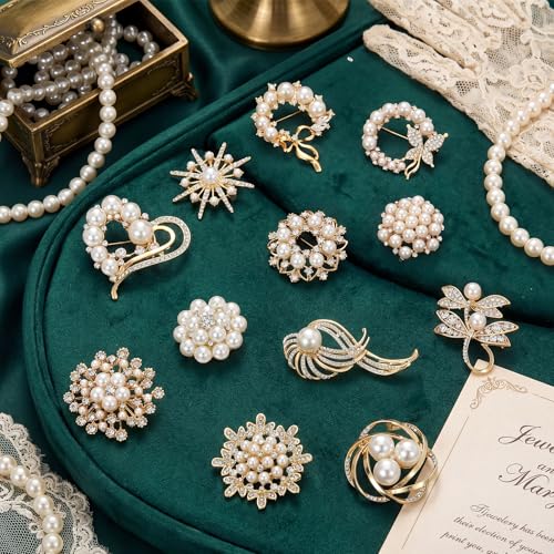 12 Pcs Women Brooches Bulk Vintage Rhinestone Pin Set - style: Pearl