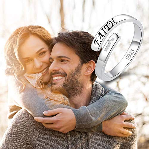 Fookduoduo 925 Sterling Silver Ring Inspirational Jewelry adjustable Wrap Open Rings for Women - style: faith ring