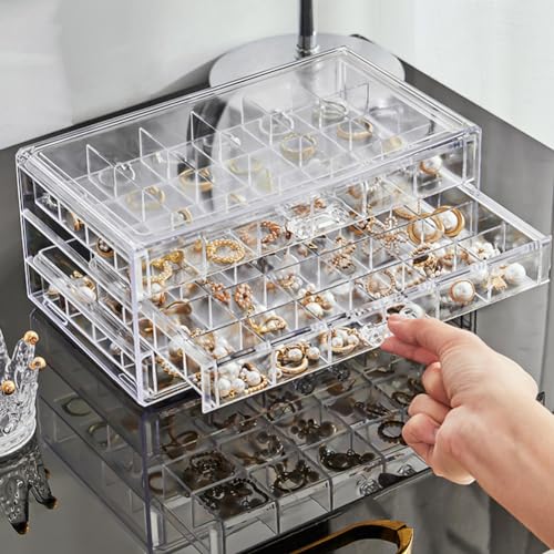Earring Organizer Box Acrylic Stackable Jewelry Organizer with 3 Drawers 72 Small Compartments Clear Jewelry Display Stand for Stud Earring Ring Pin Display (Transparent) - color: Transparent