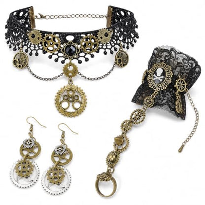 Steampunk Accessories Set Lace Choker Necklace Hand Chain Bracelet Earrings | Vintage Gothic Jewelry Gear Pendant Cosplay Costume Halloween Outfit Women Teen Festival Apparel Retro Victorian Style