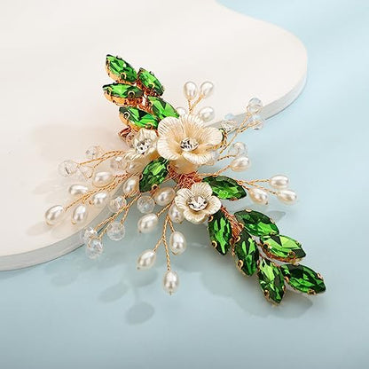 Xerling Green Rhinestones Emerald Crystal Flower Hair Barrettes Clip Boho Bridal Pearl Hair Jewelry Accessories for Women Wedding Floral Headpieces (Emerald) - color: Emerald