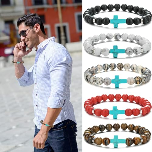 Beaded Bracelets Cross Bracelet for Women Men Lava Rock Turquoise Tiger Eye Natural Bracelet Anxiety Healing - color: 6 Pcs- green cross