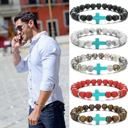 Beaded Bracelets Cross Bracelet for Women Men Lava Rock Turquoise Tiger Eye Natural Bracelet Anxiety Healing - color: 6 Pcs- green cross