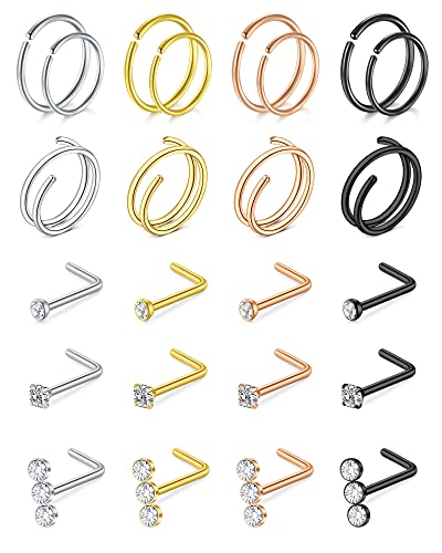 18 Nose Rings Studs Surgical Stainless Steel Hypoallergenic L Shaped Nose Piercing Jewelry for Women Men Silver Black Nostril Hoop Rings 18 Gauge - style: D1-20gauge -mix colors