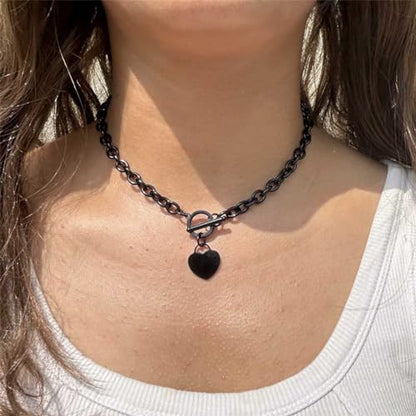 WangGao Elegent Love Stainless Steel Link Chain Blank Heart Charms Necklace for Women Toggle Clasp Closure - color: Black, size: 15.74inches