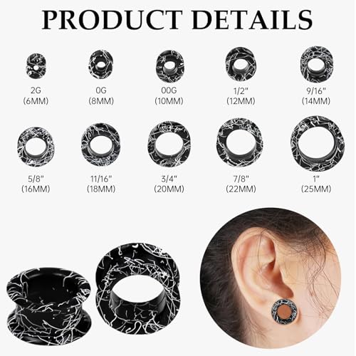 20Pcs Silicone Ear Gauges 2G-25mm Flexible Ear Tunnels Gauges Soft Expander Stretching Ear Plugs Tunnels Black Earring Piercings Jewelry for Men Women - color: Thick Black with White Threads Silicone