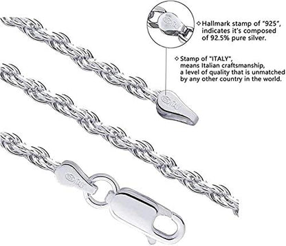 Savlano 925 Sterling Silver Solid Italian Figaro, Rope,Herringbone, Curb, Ball Bead, Snake, Mariner Chain Anklet for Women, Comes in 0.8mm - 5mm With Gift Box - style: Rope 2.5mm