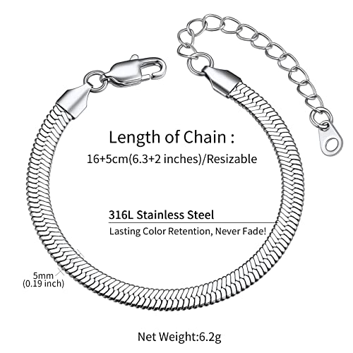 ChainsHouse Stainless Steel Herringbone Flat Chain Bracelets for Women,18K Gold/Rose Gold/Black Metal Paperclip/Snake/Cuban/Figaro Sterling Silver Link Charm Bracelet, 16+5cm Adjustable, With Gift Box - color: e. herringbone-stainless-6mm