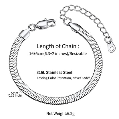 ChainsHouse Stainless Steel Herringbone Flat Chain Bracelets for Women,18K Gold/Rose Gold/Black Metal Paperclip/Snake/Cuban/Figaro Sterling Silver Link Charm Bracelet, 16+5cm Adjustable, With Gift Box - color: e. herringbone-stainless-6mm