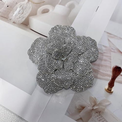 Rhinestone Flower Brooch Pin for Women Men Elegant Sparkly Crystal Camellia Floral Lapel Pins Shawl Dress Suit Clothes Accessories Wedding Party Fashion Jewelry 105mm - color: White