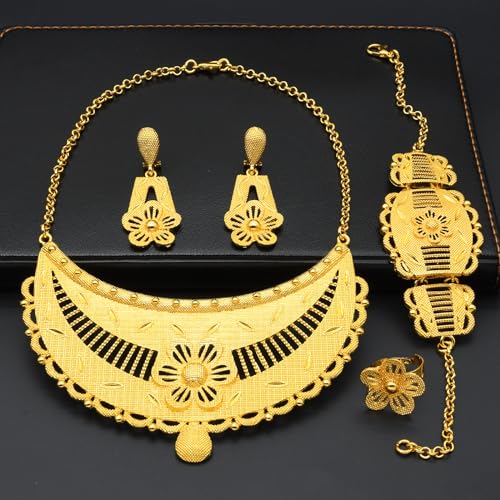 indian Women Jewelry Necklace Set african Dubai Bride Wedding Prom Fashion Jewelry 24K Gold Plated Necklace Bangles Rings Earrings - color: S-346