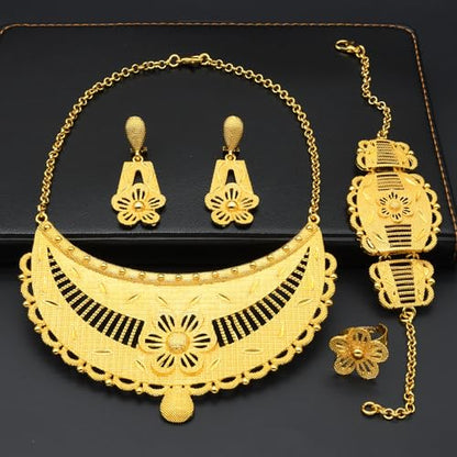 indian Women Jewelry Necklace Set african Dubai Bride Wedding Prom Fashion Jewelry 24K Gold Plated Necklace Bangles Rings Earrings - color: S-346