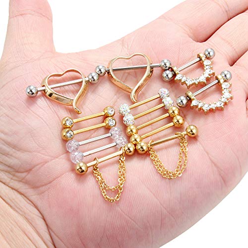 14G 9/16Inch Crystal Ball Nipple Tongue Shield Ring Barbell Body Piercing Jewelry Retainer 8-14PCS - color: 14PCS - Gold