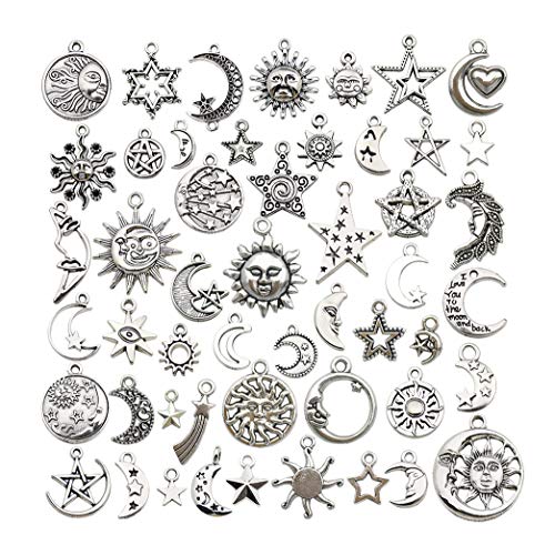 100 pcs Craft Supplies Mixed Antique Silver Sun Moon Stars Charms Pendants for Crafting Jewelry Findings Making Accessory for DIY Necklace Bracelet (M417) - color: Moon Sun Star