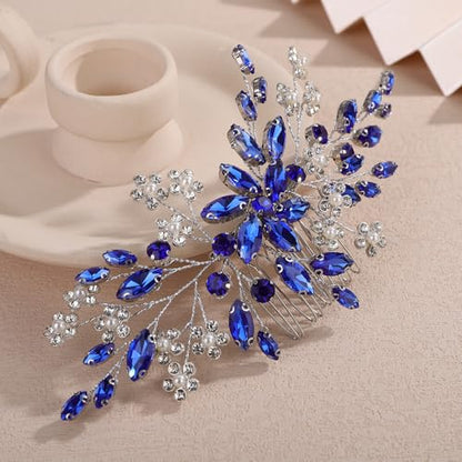 Teyglen Blue Rhinestone Wedding Hair Comb with Pearl Crystal Flower Headpiece for Women - color: Blue