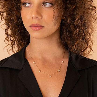 PAVOI 14K Gold Plated Station Necklace - Simulated Diamond Layering Necklaces - Womens CZ Chain - style: Pearl