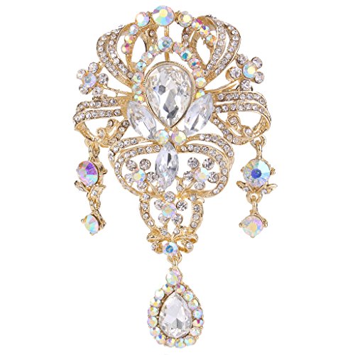 EVER FAITH Austrian Crystal 3.8 Inch Vintage Style Teardrop Flower Brooch - color: Gold-Tone Iridescent Clear AB