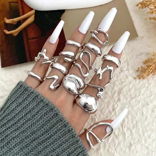 Chunky Rings for Women Non Tarnish 14k Stackable Dome Statement Rings Sets Vintage Dainty Knuckle Open Midi Finger Rings Jewelry Pack Gifts - style: Silvery 15PCS