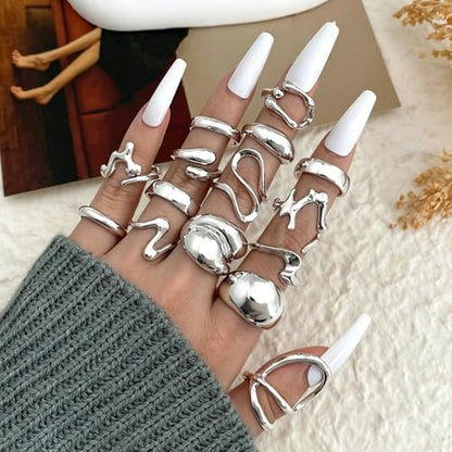 Chunky Rings for Women Non Tarnish 14k Stackable Dome Statement Rings Sets Vintage Dainty Knuckle Open Midi Finger Rings Jewelry Pack Gifts - style: Silvery 15PCS