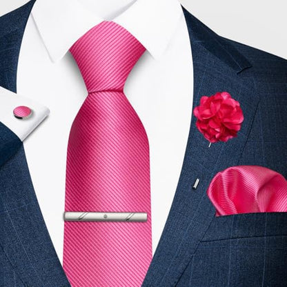 joy alice 30 Colors Solid Ties for Man Pure Color Men's Tie Set with Lapel Pin Pocket Square Tie Clip - color: Hot Pink