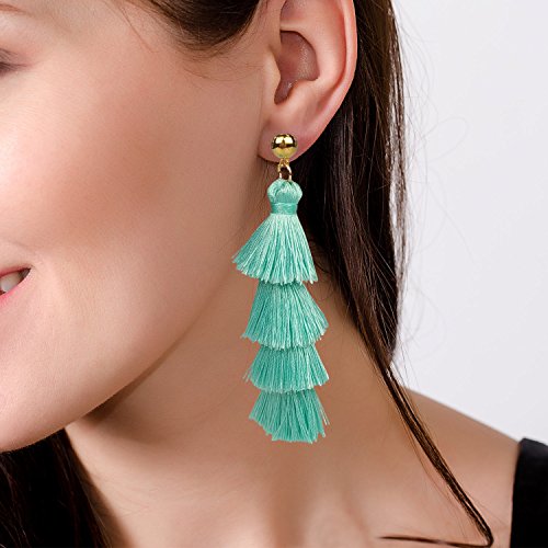 BaubleStar Bohemian Layered Tassel Drop Earrings for Women | Lightweight Statement Party Festival Jewelry - color: Turquoise