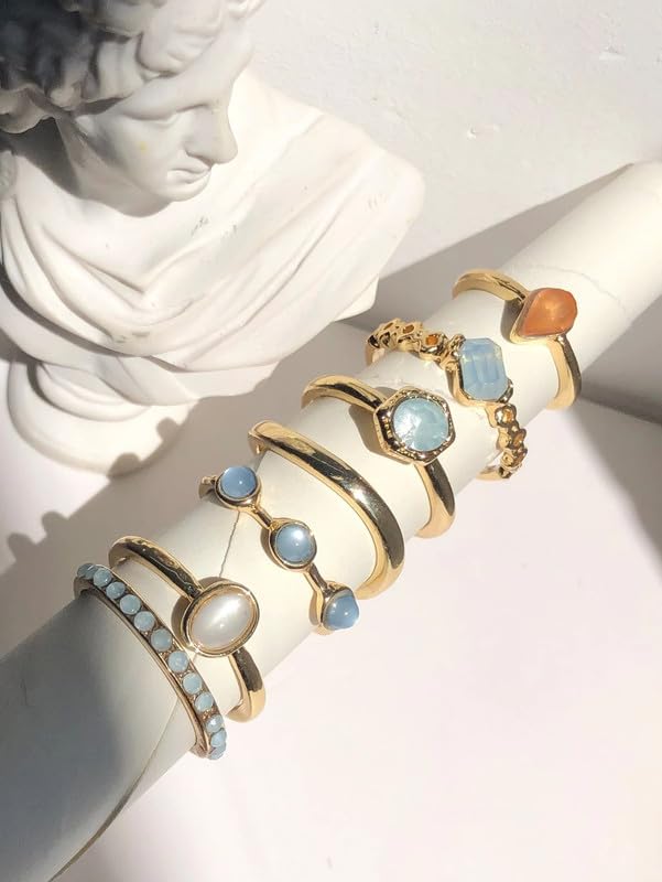 7Pcs Vintage Crystal Knuckle Rings Bohemia Hawaii Stacking Opal Joint Rings Metallic Geometric Beach Retro Jewelry Summer Holiday Birthday Gift for Women Friends (Gold Plated)