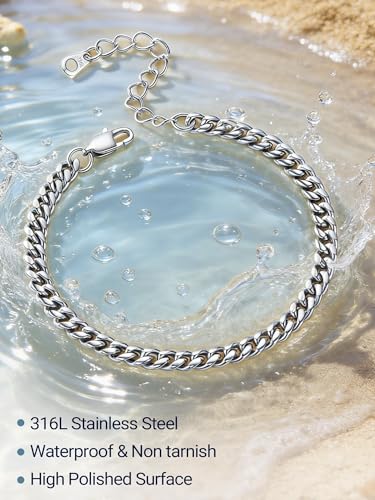 PROSTEEL Ankle Bracelets for Women, Silver/Gold/Black, Waterproof Anklets | Waterproof, Stainless Steel, Summer Beach Jewelry, Durable & No Tarnish, Come with Gift Box, 8-10.5" Adjustable, Plus Size - color: A: silver-thick cuban chain-6mm