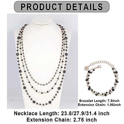 Firstmeet Long Chain Multi Layer Fashion Glass Beads Handmade Necklace for Women - color: Black-mgj+SL
