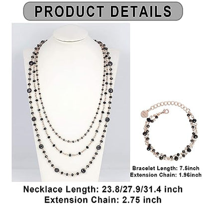 Firstmeet Long Chain Multi Layer Fashion Glass Beads Handmade Necklace for Women - color: Black-mgj+SL