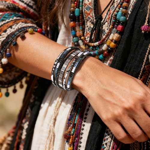 Wrapped Bracelets for Women,Leather Boho Bracelets for Women - color: Boho-Black