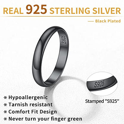 ChicSilver 2/3/5mm 925 Sterling Silver Ring Customizable Plain Dome High Polished Wedding Band Comfort Fit Size 4-12 - color: 3MM Black