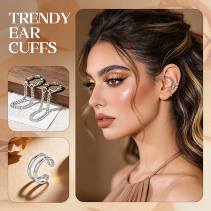 Ear Cuff Earrings for Women Non Piercing Helix Cartilage Clip on Ear Cuffs 14K Gold Plated & Sterling Silver Stainless Steel Hypoallergenic Huggie Hoop Fake Earring Set Jewelry Gift - color: K3-Silver Chain Set