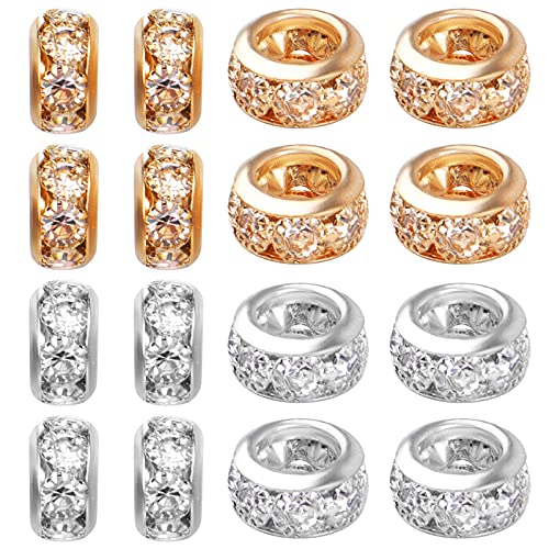 BronaGrand 40pcs 8 mm Rhinestone European Spacer Beads Large Hole Rondelle Beads Crystal Spacer Beads for DIY Snake Chain Bracelet Necklace Earrings Crafts Jewelry Making Accessories, 2 Colors - color: Gold&Silver, size: 8MM