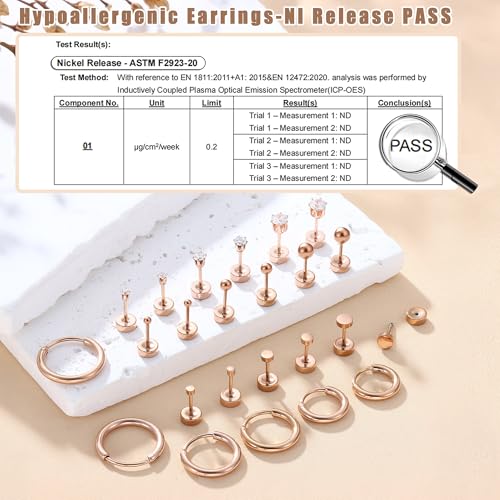 FASACCO Small Tiny Stud Flat Back Earring Hypoallergenic Gold Studs 14K Surgical Steel Earring Sets for Multiple Piercing Cartilage Hoop Earrings - color: rose gold tone