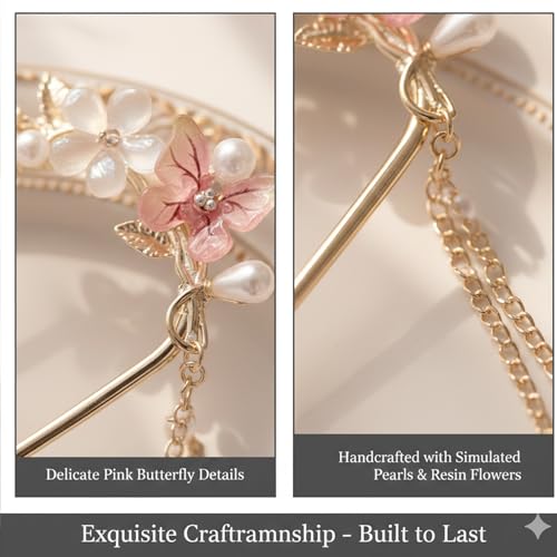 Pearl Butterfly Flower Hair Pins For Women Tassel Chain Pendant French Hair Pin Sticks Pink White Butterflies Floral U-Shaped Hairpin Fork Updo Bun Qipao Hanfu Chinese Bridal Wedding Hair Accessories