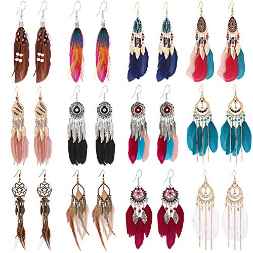 12 Pairs Women Feather Earrings Vintage Bohemian Earrings Long Drop Dangle Earrings Set With Dream Catcher Design - style: style1-12pairs