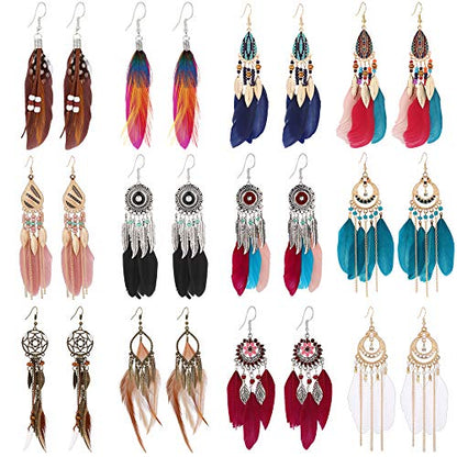 12 Pairs Women Feather Earrings Vintage Bohemian Earrings Long Drop Dangle Earrings Set With Dream Catcher Design - style: style1-12pairs