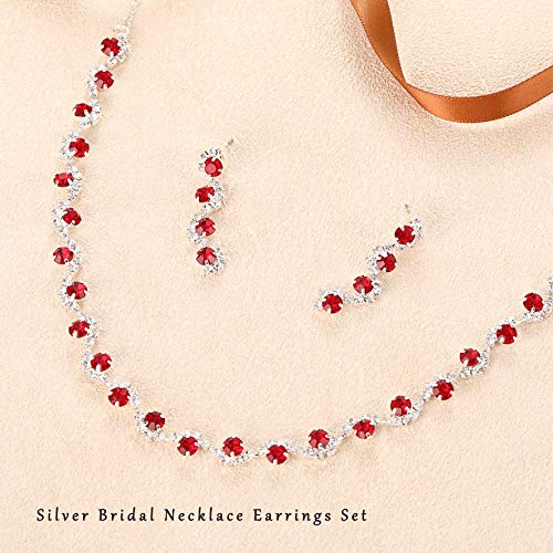 Bride Silver Necklace Earrings Set Crystal Bridal Wedding Jewelry Set Rhinestone Choker Necklace for Women and Brides - color: Red