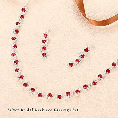 Bride Silver Necklace Earrings Set Crystal Bridal Wedding Jewelry Set Rhinestone Choker Necklace for Women and Brides - color: Red