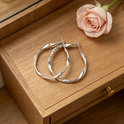 Women's Gold and Silver Twisted Hoop Earrings, 14K Gold Plated Textured Earrings, Hypoallergenic Lightweight Fashion Jewelry, Suitable for Daily Wear, Party, Wedding or as a Gift for Women - color: Silver