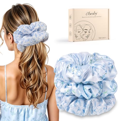 3 Pcs Large Satin Hair Scrunchies, 6 Inch Floral Blue For Thick Hair | Soft Padded Satin, No-Crease Hold, Sleep-Friendly, Less Friction And Frizz, For Thick, Curly Or Straight Hair - color: Toile De Blue